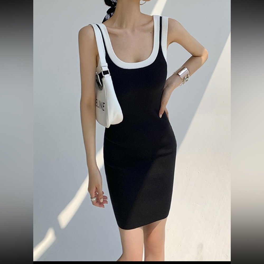 Elegant Black with White Trim Mini Knit Sleeveless Dress